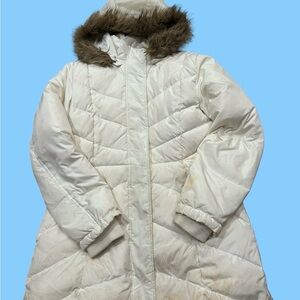 New York & Company White Puffer Coat with Faux Fur Hood